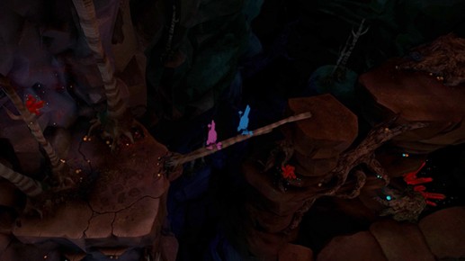 Pink and Blue (rabbit-like creatures) crossing a fallen tree spanning a ravine