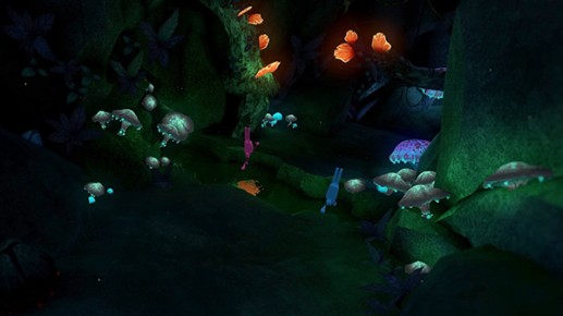 Pink and Blue (rabbit-like creatures) (rabbit-like creatures) cluming out of a crevice in a gloomy green cave with glowing mushrooms dotted around