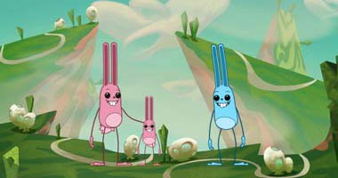 Pink and Blue (rabbit-like creatures) standing on grass, with sharp grassy hills in the background. Pink has a smaller Pink by them.