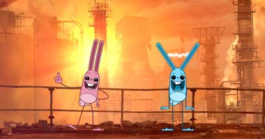 Pink and Blue (rabbit-like creatures) standing in front of an iron fence with an industrial orange-hued background.