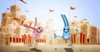 Pink and Blue (rabbit-like creatures) dancing with a warped sand city background