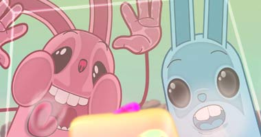 Pink and Blue (rabbit-like creatures) gazing at food in a glass container